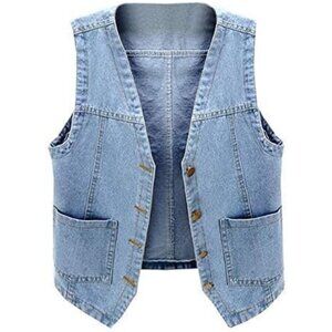 Women's Sleeveless Denim Vest Cotton Polyester V Neck Casual Jeans Jacket